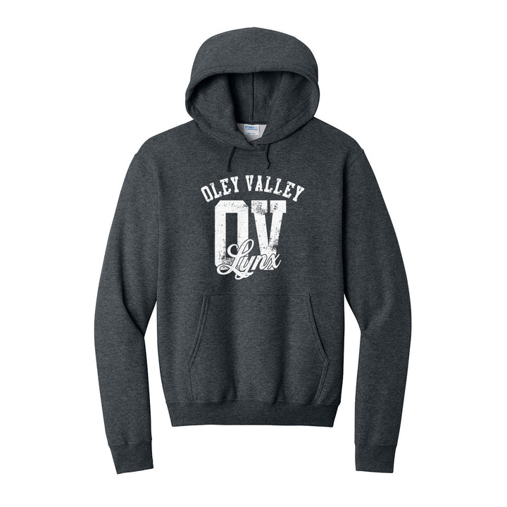 Oley Valley Lynx OV Monogram hoodie in Dark Heather Grey: OLEY VALLEY arched over a distressed OV monogram with Lynx script