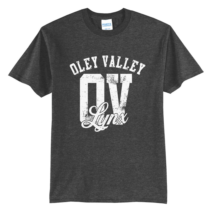 Oley Valley Lynx OV Monogram t-shirt in Dark Heather Grey: OLEY VALLEY arched over a distressed OV monogram with Lynx script