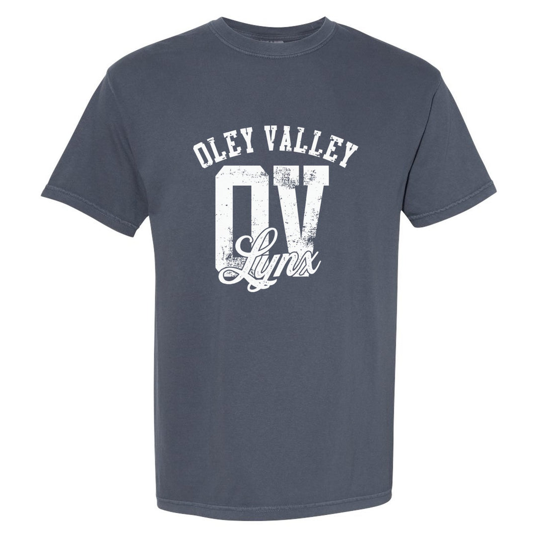 Oley Valley Lynx OV Monogram comfort colors t-shirt in Denim: OLEY VALLEY arched over a distressed OV monogram with Lynx script