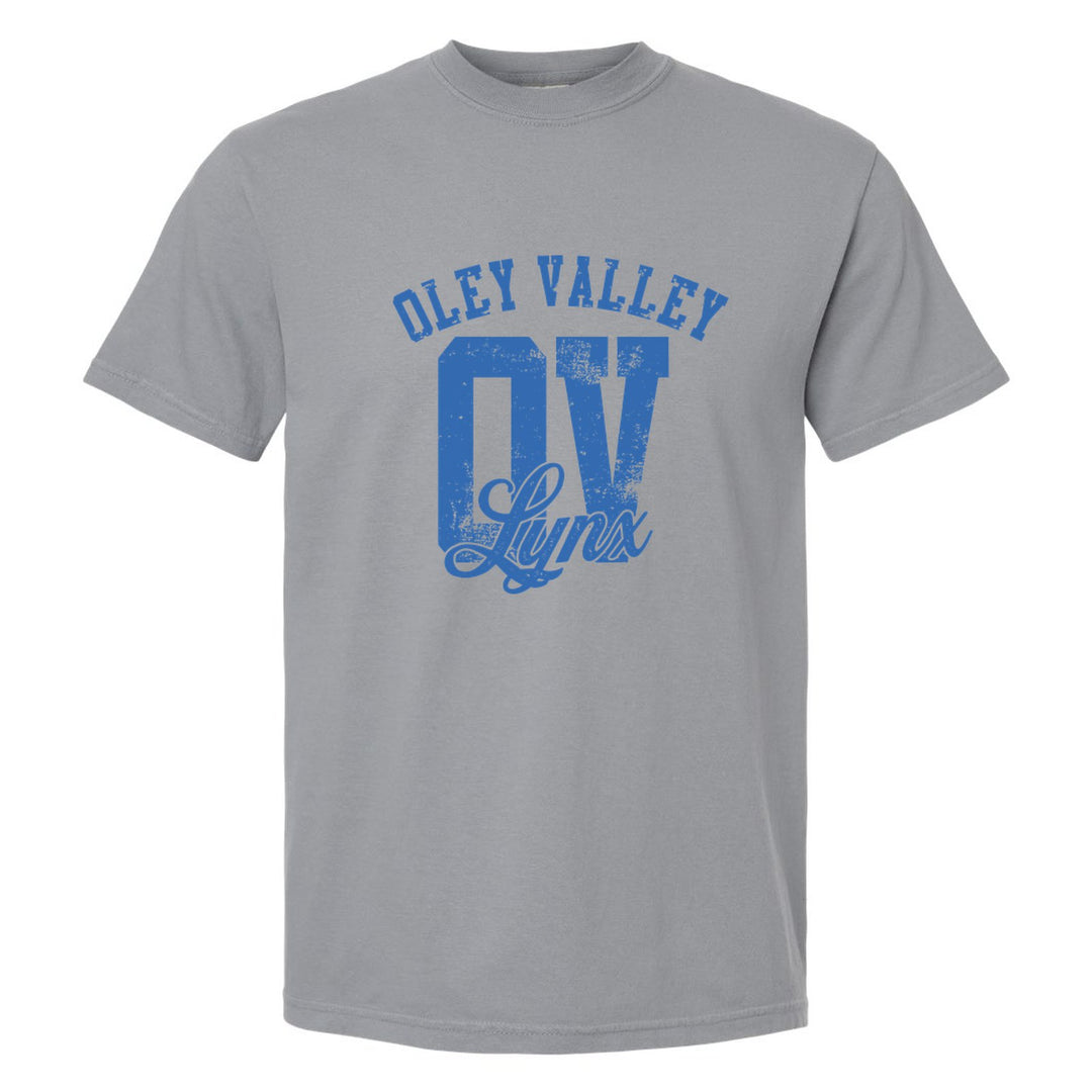 Oley Valley Lynx OV Monogram comfort colors t-shirt in Granite: OLEY VALLEY arched over a distressed OV monogram with Lynx script