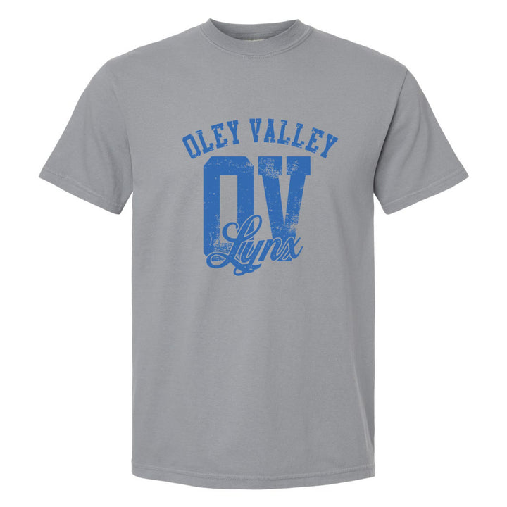 Oley Valley Lynx OV Monogram comfort colors t-shirt in Granite: OLEY VALLEY arched over a distressed OV monogram with Lynx script
