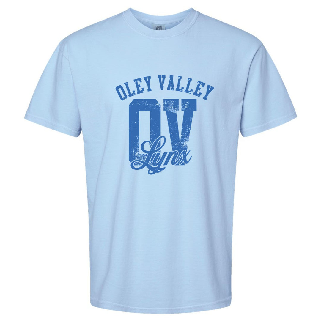 Oley Valley Lynx OV Monogram comfort colors t-shirt in Hydrangea: OLEY VALLEY arched over a distressed OV monogram with Lynx script