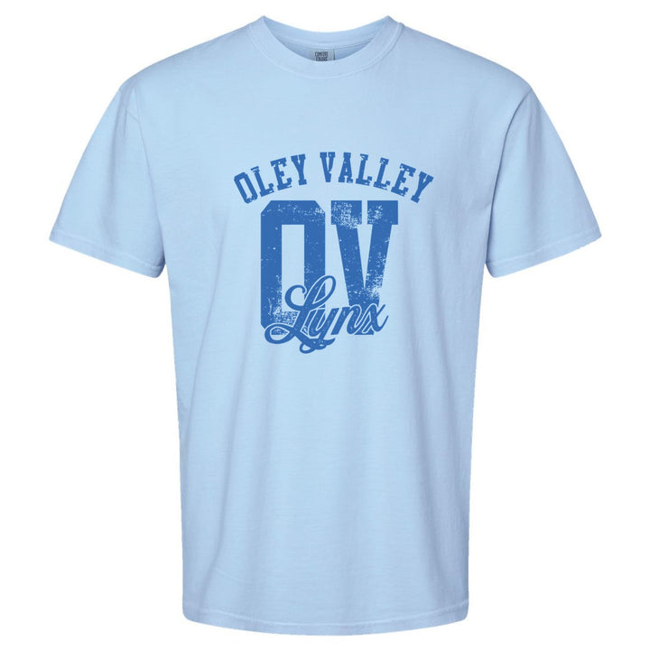 Oley Valley Lynx OV Monogram comfort colors t-shirt in Hydrangea: OLEY VALLEY arched over a distressed OV monogram with Lynx script