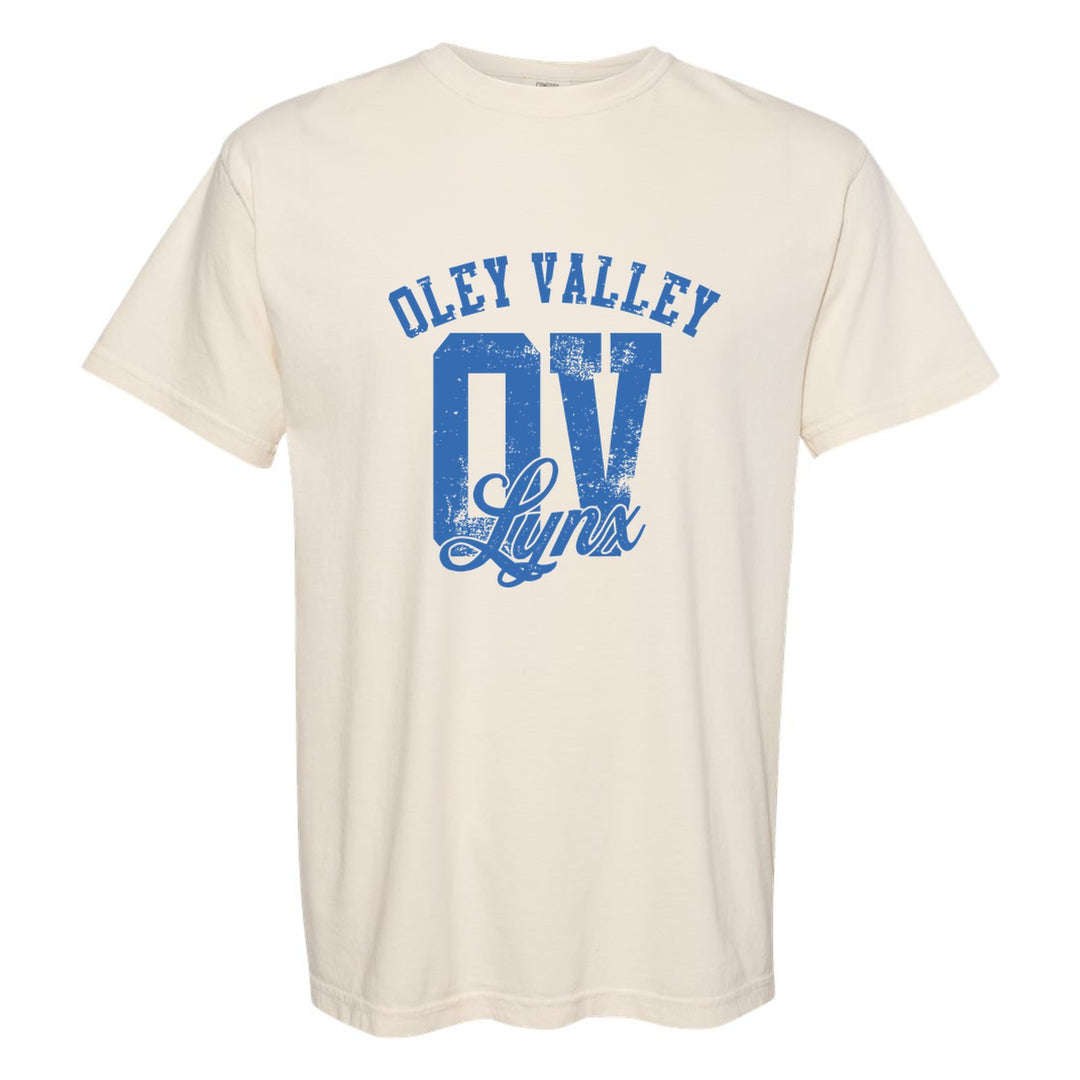 Oley Valley Lynx OV Monogram comfort colors t-shirt in Ivory: OLEY VALLEY arched over a distressed OV monogram with Lynx script