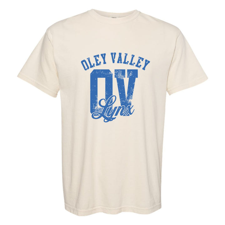 Oley Valley Lynx OV Monogram comfort colors t-shirt in Ivory: OLEY VALLEY arched over a distressed OV monogram with Lynx script