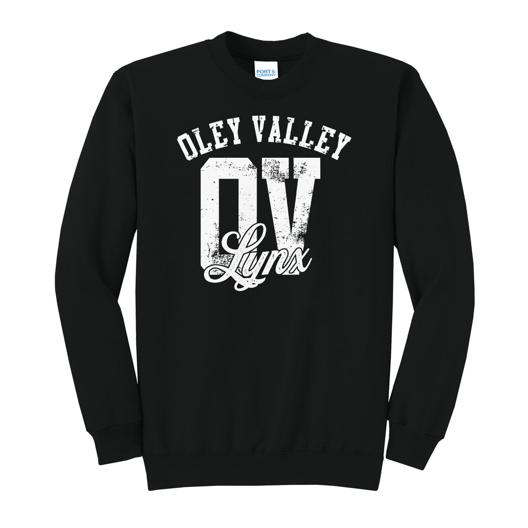 Oley Valley Lynx OV Monogram crewneck sweatshirt in Jet Black: OLEY VALLEY arched over a distressed OV monogram with Lynx script