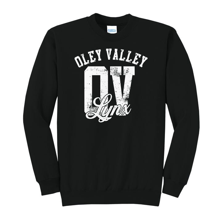 Oley Valley Lynx OV Monogram crewneck sweatshirt in Jet Black: OLEY VALLEY arched over a distressed OV monogram with Lynx script