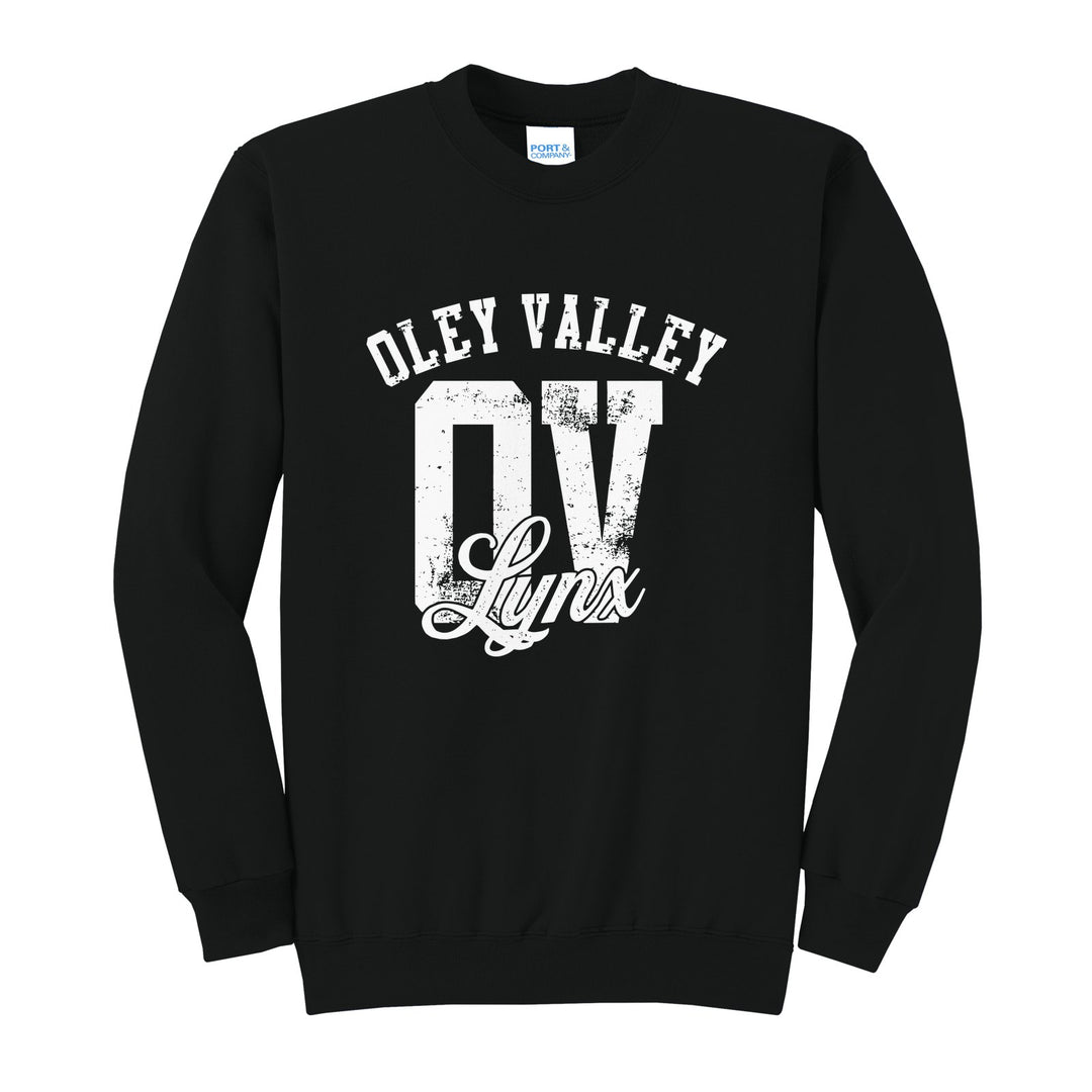 Oley Valley Lynx OV Monogram crewneck sweatshirt in Jet Black: OLEY VALLEY arched over a distressed OV monogram with Lynx script