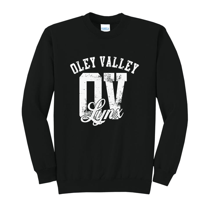 Oley Valley Lynx OV Monogram crewneck sweatshirt in Jet Black: OLEY VALLEY arched over a distressed OV monogram with Lynx script