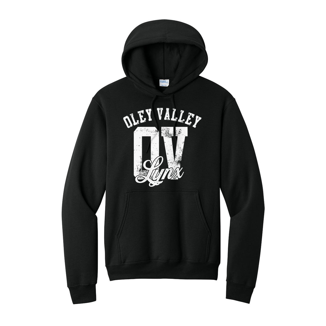 Oley Valley Lynx OV Monogram hoodie in Jet Black: OLEY VALLEY arched over a distressed OV monogram with Lynx script