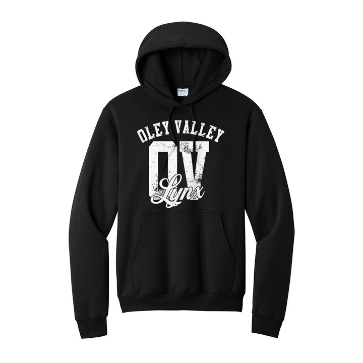 Oley Valley Lynx OV Monogram hoodie in Jet Black: OLEY VALLEY arched over a distressed OV monogram with Lynx script