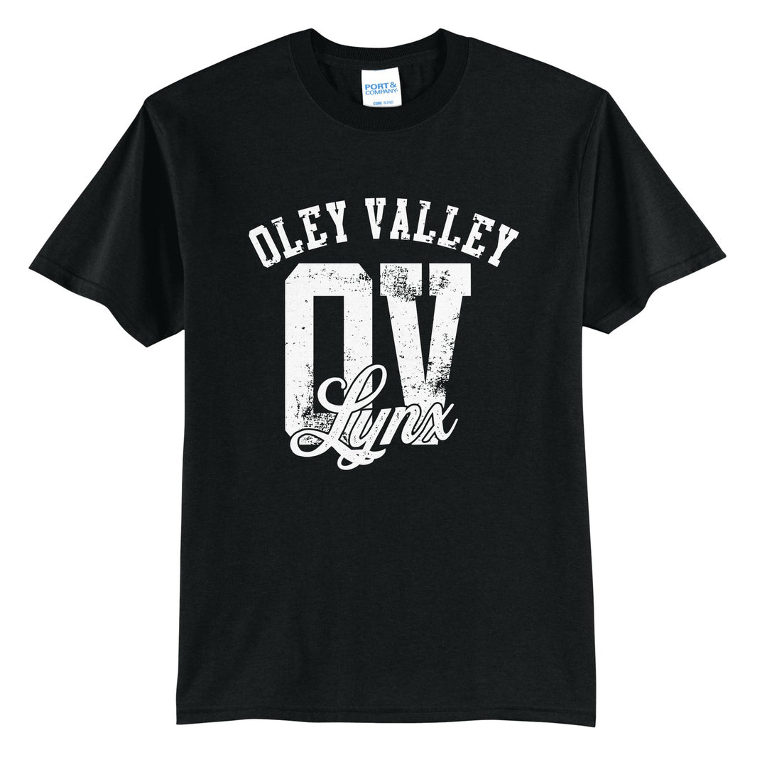 Oley Valley Lynx OV Monogram t-shirt in Jet Black: OLEY VALLEY arched over a distressed OV monogram with Lynx script