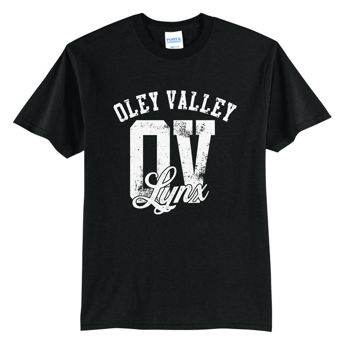 Oley Valley Lynx OV Monogram t-shirt in Jet Black: OLEY VALLEY arched over a distressed OV monogram with Lynx script