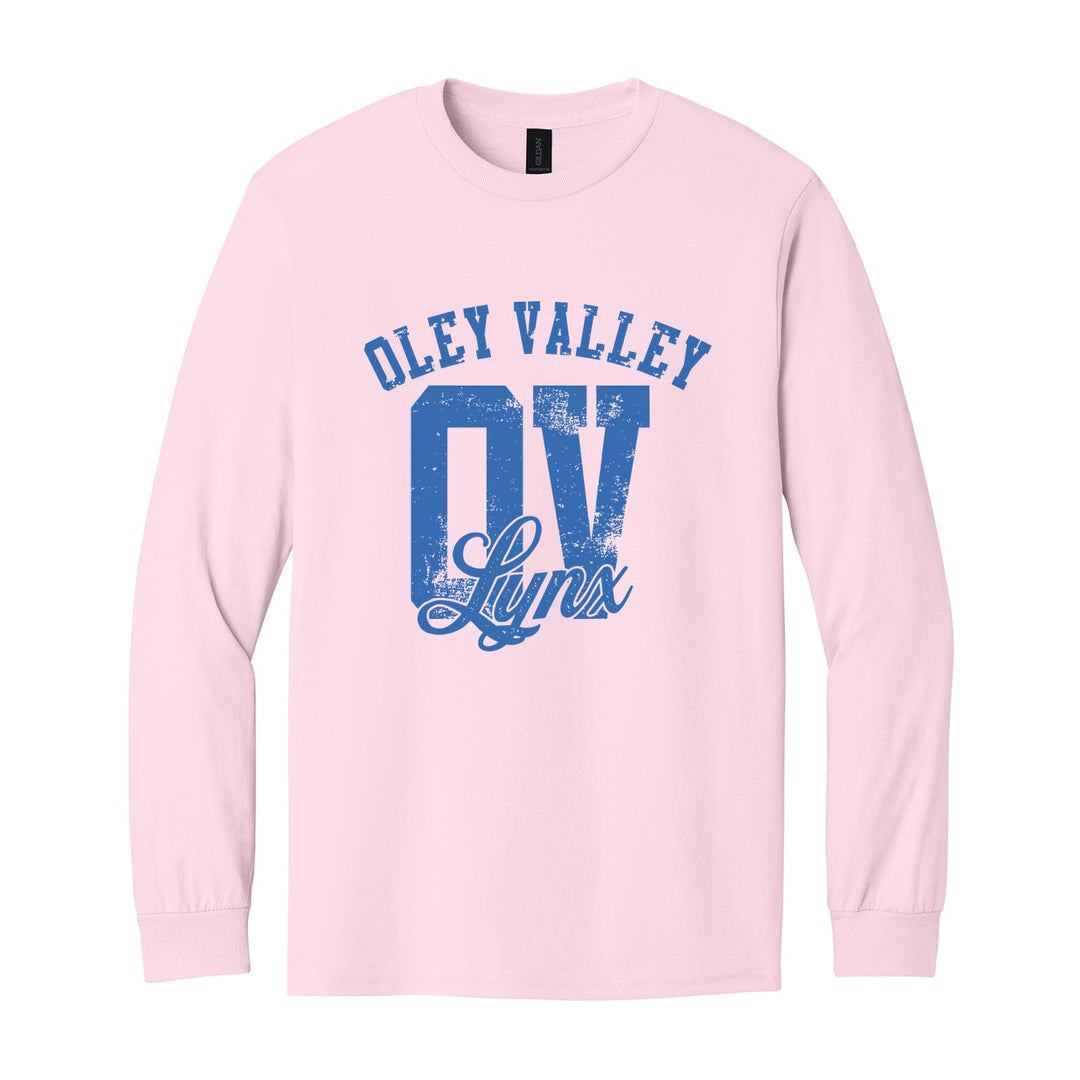 Oley Valley Lynx OV Monogram long sleeve t-shirt in Light Pink: OLEY VALLEY arched over a distressed OV monogram with Lynx script