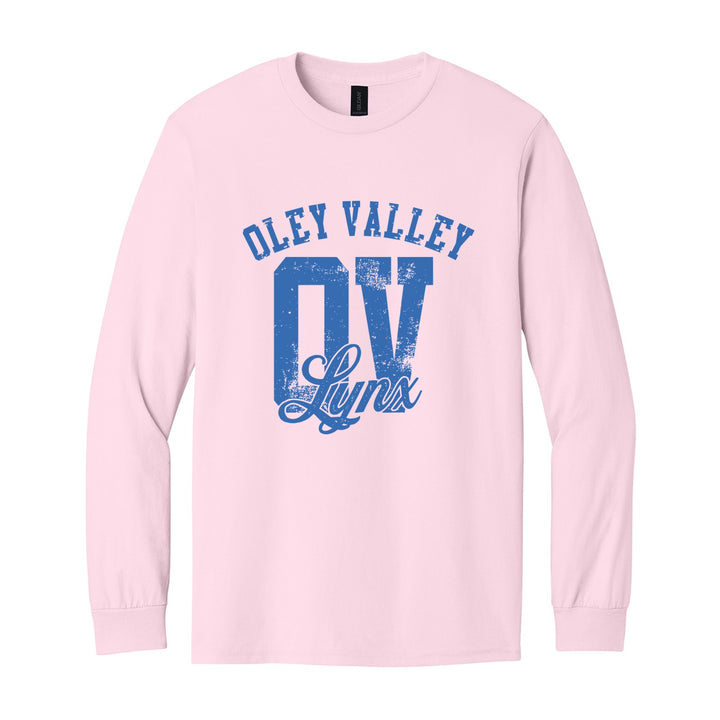 Oley Valley Lynx OV Monogram long sleeve t-shirt in Light Pink: OLEY VALLEY arched over a distressed OV monogram with Lynx script