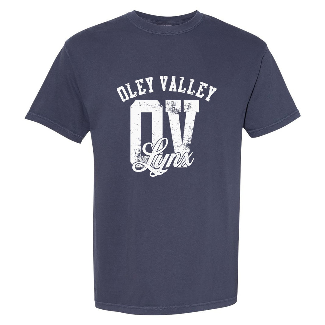 Oley Valley Lynx OV Monogram comfort colors t-shirt in Navy: OLEY VALLEY arched over a distressed OV monogram with Lynx script