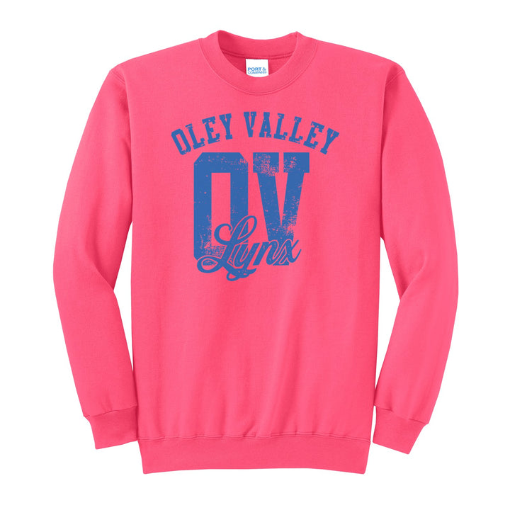 Oley Valley Lynx OV Monogram crewneck sweatshirt in Neon Pink: OLEY VALLEY arched over a distressed OV monogram with Lynx script