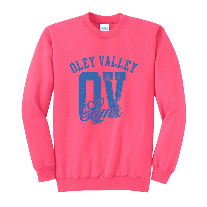 Oley Valley Lynx OV Monogram crewneck sweatshirt in Neon Pink: OLEY VALLEY arched over a distressed OV monogram with Lynx script