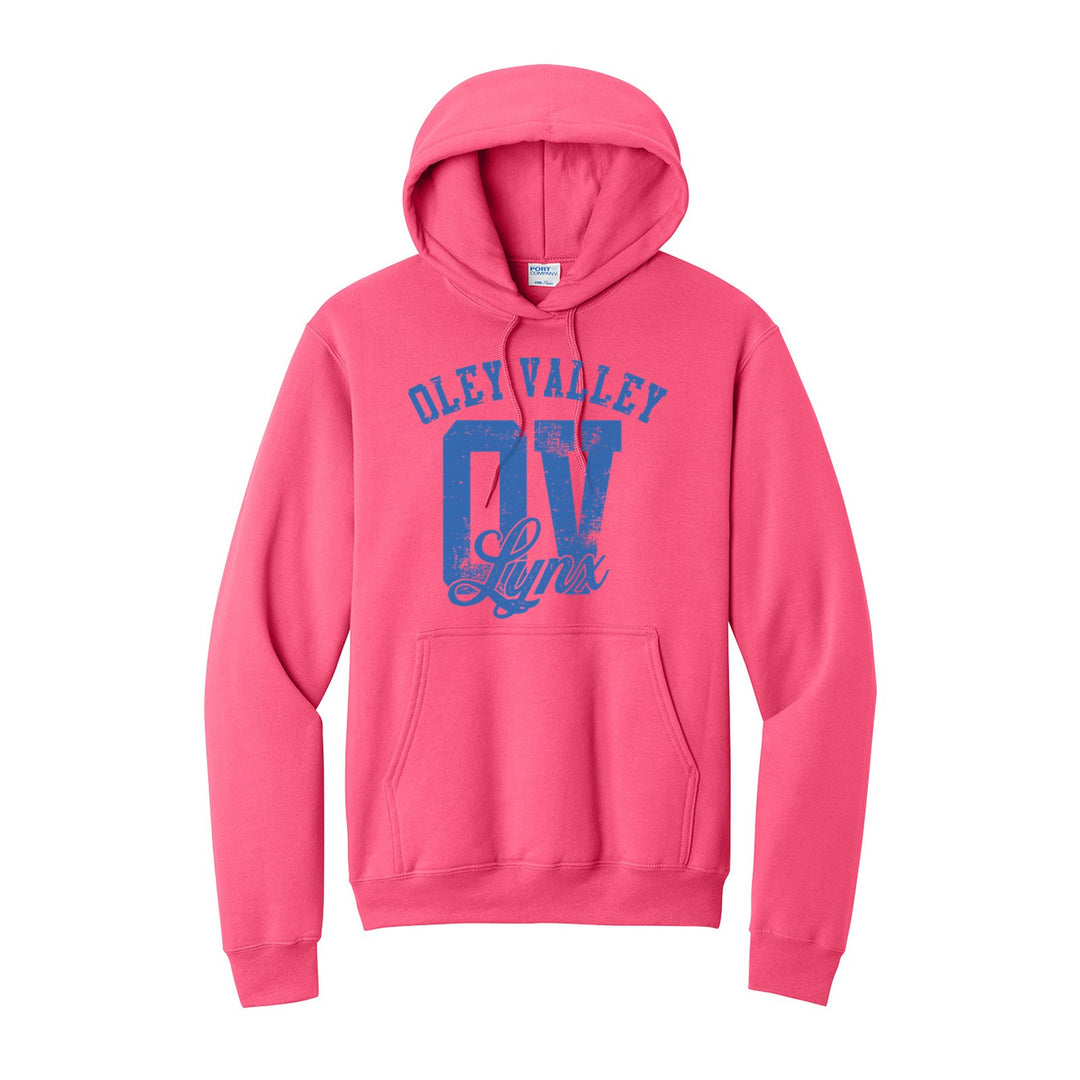 Oley Valley Lynx OV Monogram hoodie in Neon Pink: OLEY VALLEY arched over a distressed OV monogram with Lynx script