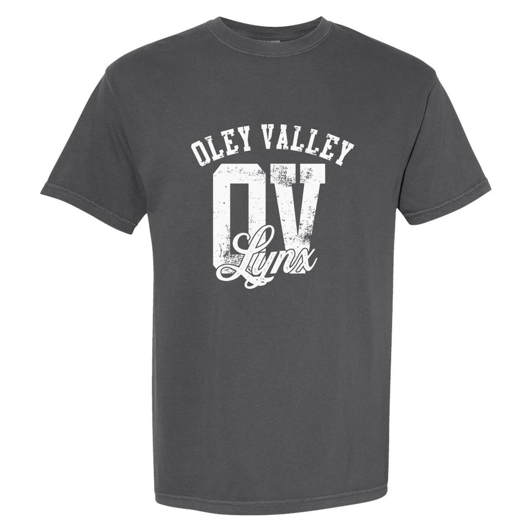 Oley Valley Lynx OV Monogram comfort colors t-shirt in Pepper: OLEY VALLEY arched over a distressed OV monogram with Lynx script