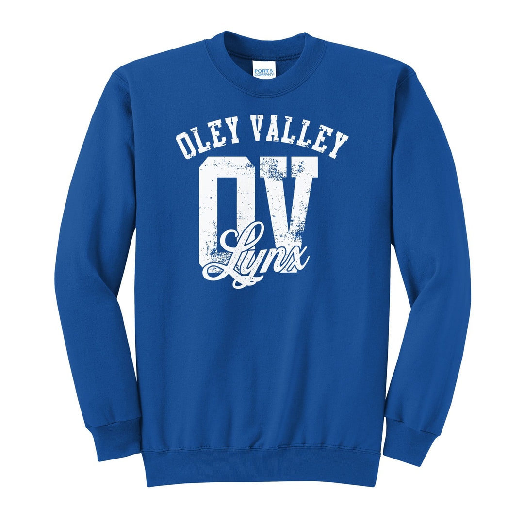 Oley Valley Lynx OV Monogram crewneck sweatshirt in Royal: OLEY VALLEY arched over a distressed OV monogram with Lynx script