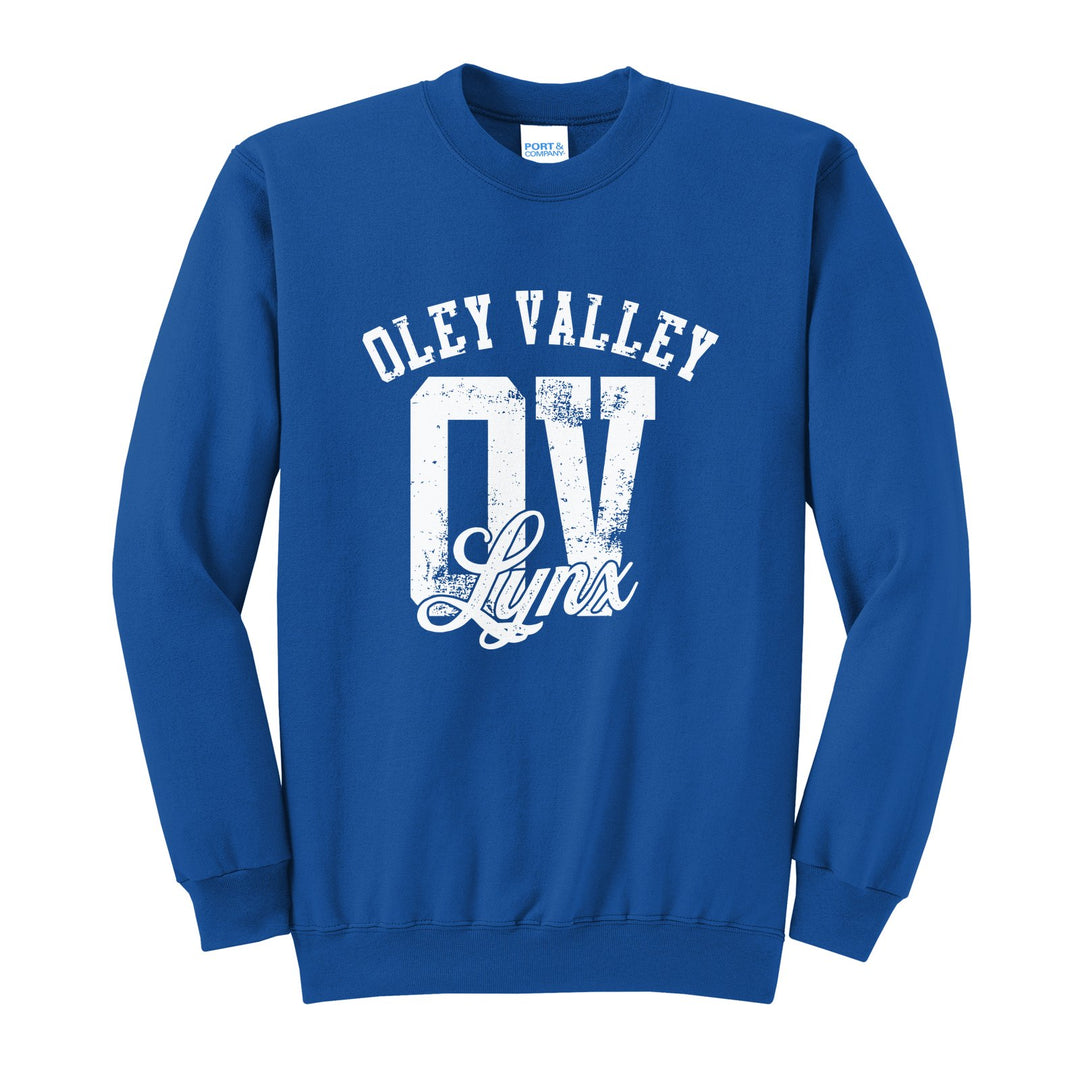 Oley Valley Lynx OV Monogram crewneck sweatshirt in Royal: OLEY VALLEY arched over a distressed OV monogram with Lynx script
