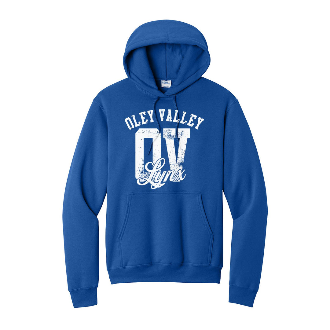 Oley Valley Lynx OV Monogram hoodie in Royal: OLEY VALLEY arched over a distressed OV monogram with Lynx script