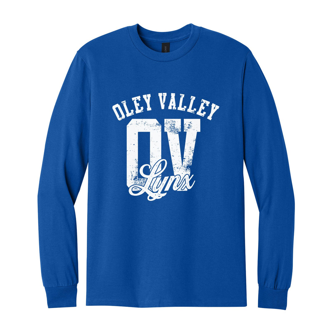 Oley Valley Lynx OV Monogram long sleeve t-shirt in Royal: OLEY VALLEY arched over a distressed OV monogram with Lynx script
