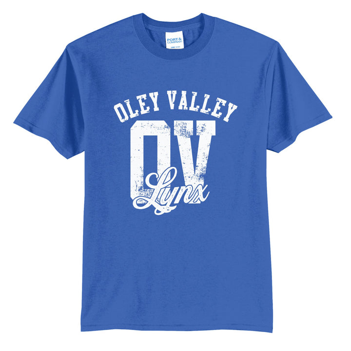 Oley Valley Lynx OV Monogram t-shirt in Royal: OLEY VALLEY arched over a distressed OV monogram with Lynx script