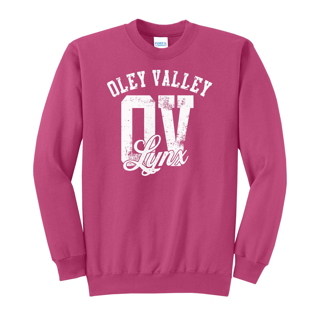 Oley Valley Lynx OV Monogram crewneck sweatshirt in Sangria: OLEY VALLEY arched over a distressed OV monogram with Lynx script