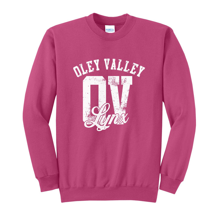 Oley Valley Lynx OV Monogram crewneck sweatshirt in Sangria: OLEY VALLEY arched over a distressed OV monogram with Lynx script