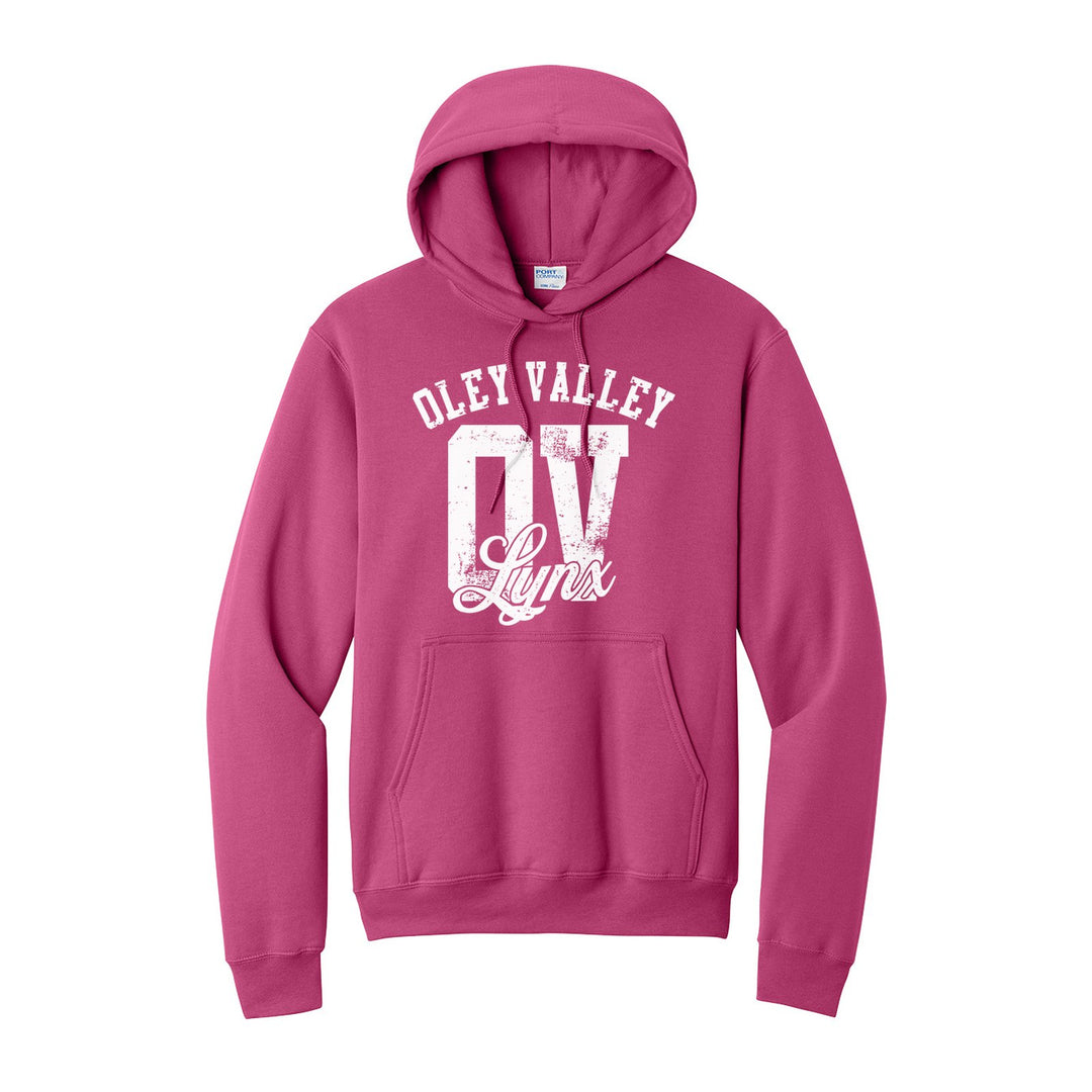 Oley Valley Lynx OV Monogram hoodie in Sangria: OLEY VALLEY arched over a distressed OV monogram with Lynx script