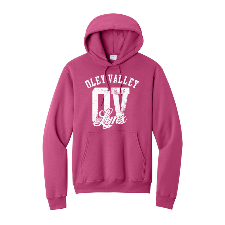 Oley Valley Lynx OV Monogram hoodie in Sangria: OLEY VALLEY arched over a distressed OV monogram with Lynx script