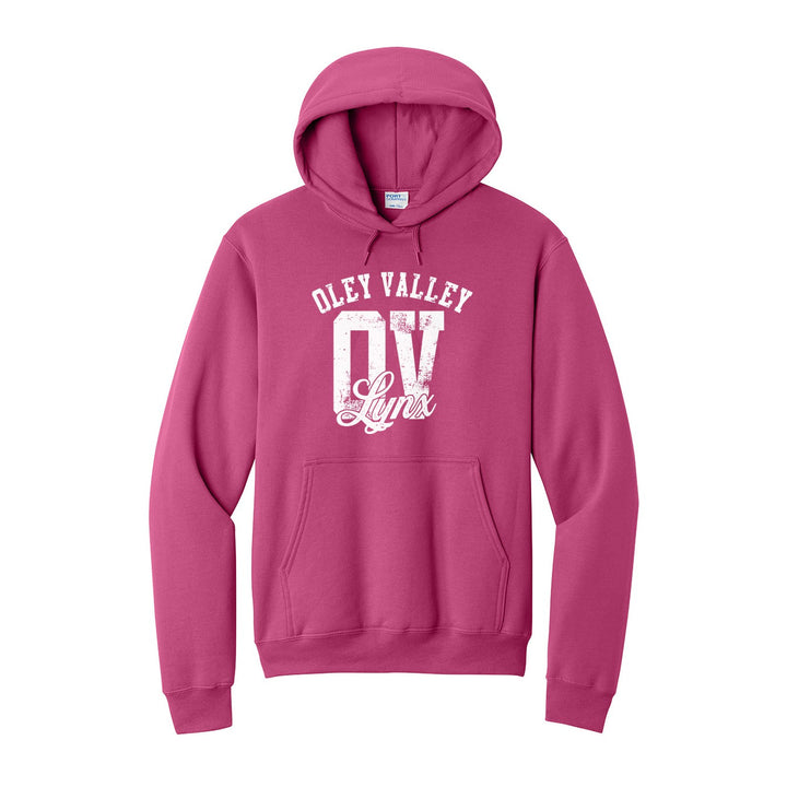 Oley Valley Lynx OV Monogram hoodie in Sangria: OLEY VALLEY arched over a distressed OV monogram with Lynx script