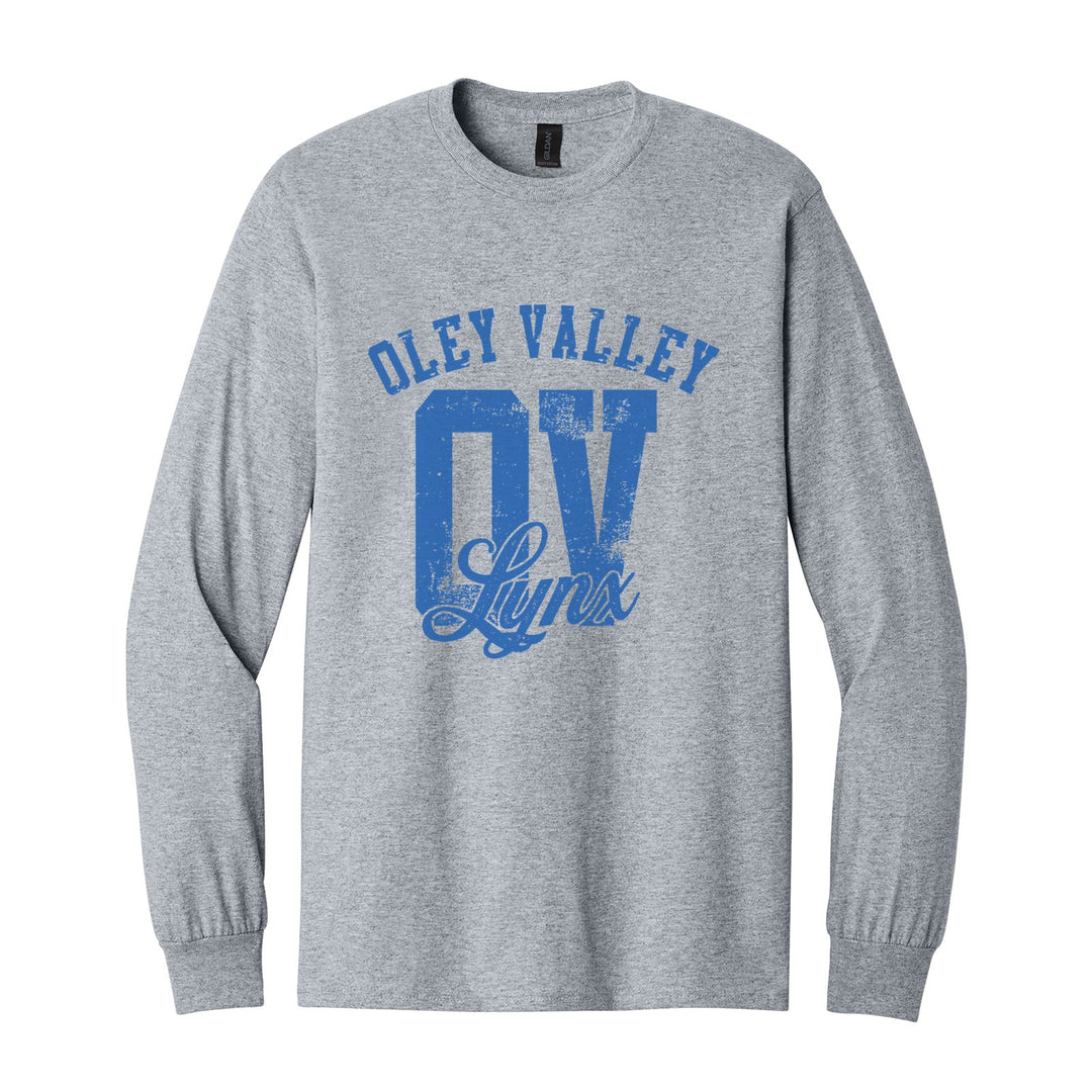Oley Valley Lynx OV Monogram long sleeve t-shirt in Sport Grey: OLEY VALLEY arched over a distressed OV monogram with Lynx script