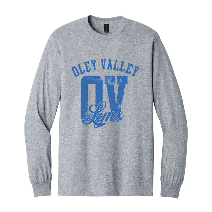 Oley Valley Lynx OV Monogram long sleeve t-shirt in Sport Grey: OLEY VALLEY arched over a distressed OV monogram with Lynx script