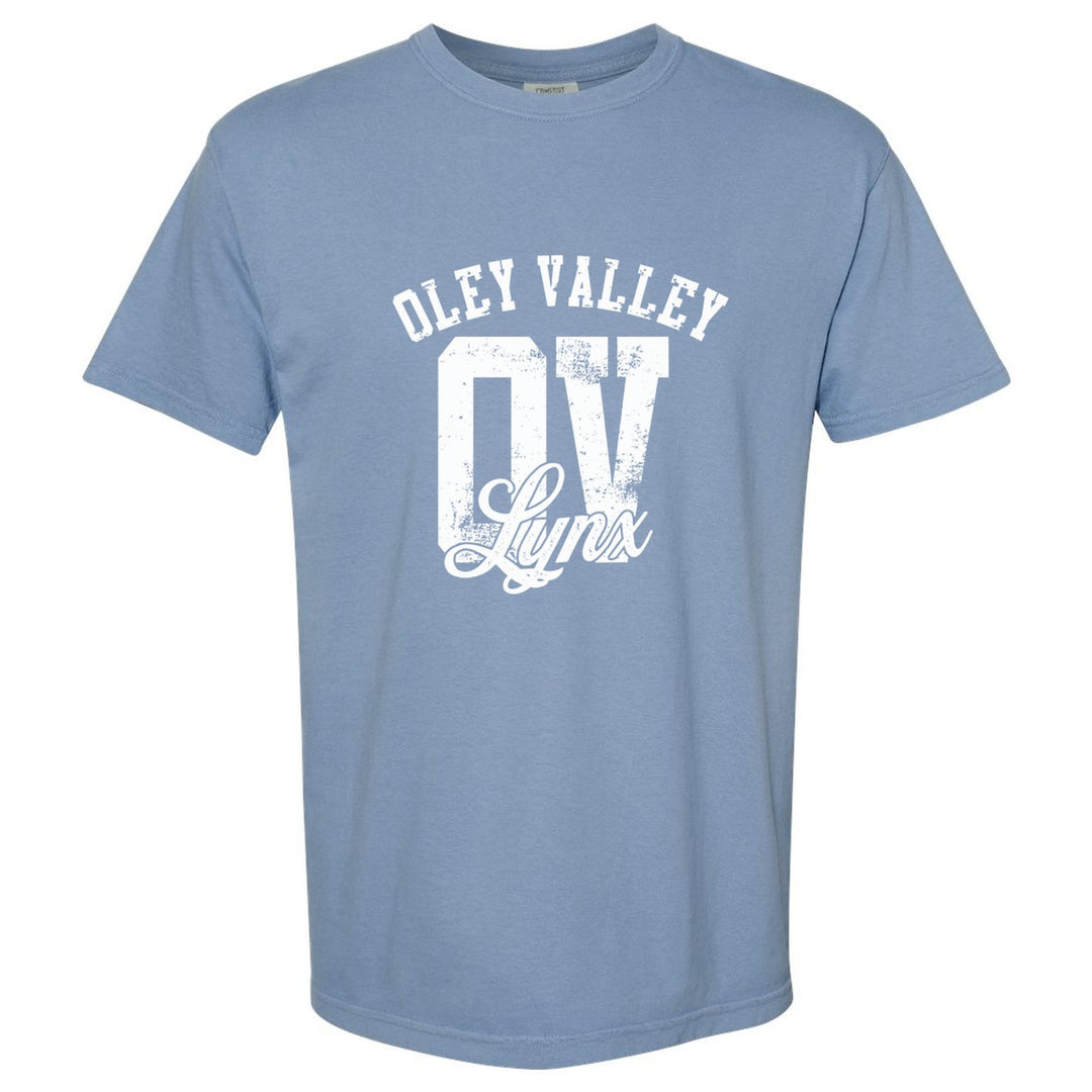 Oley Valley Lynx OV Monogram comfort colors t-shirt in Washed Denim: OLEY VALLEY arched over a distressed OV monogram with Lynx script