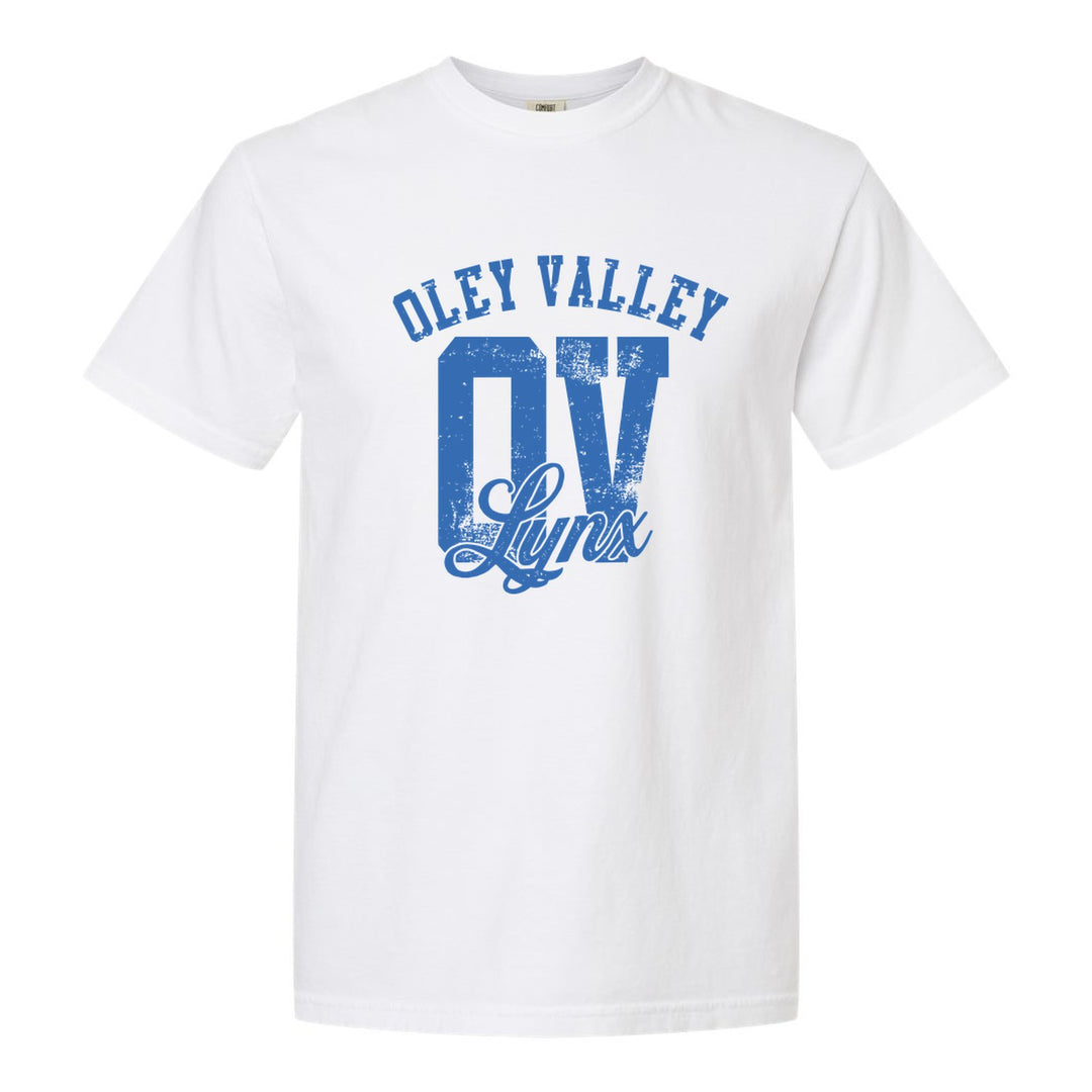 Oley Valley Lynx OV Monogram comfort colors t-shirt in White: OLEY VALLEY arched over a distressed OV monogram with Lynx script