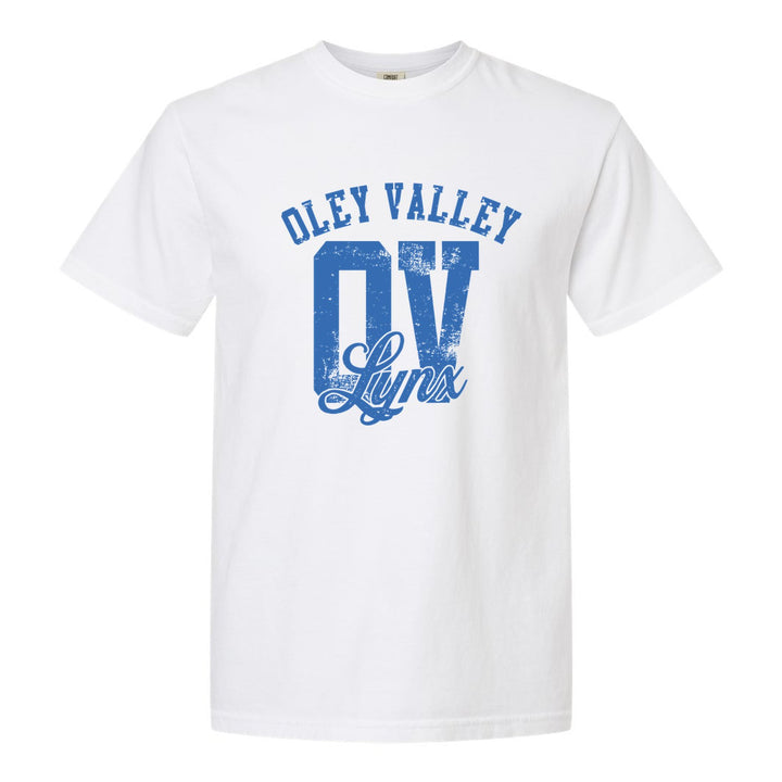 Oley Valley Lynx OV Monogram comfort colors t-shirt in White: OLEY VALLEY arched over a distressed OV monogram with Lynx script