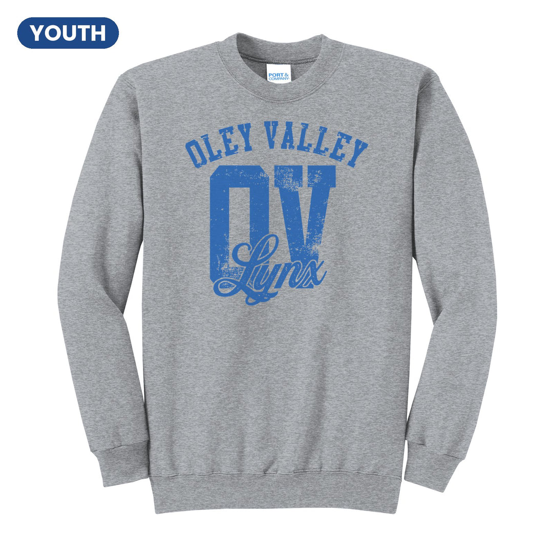 Oley Valley Lynx OV Monogram youth crewneck sweatshirt in Athletic Heather: OLEY VALLEY arched over a distressed OV monogram with Lynx script