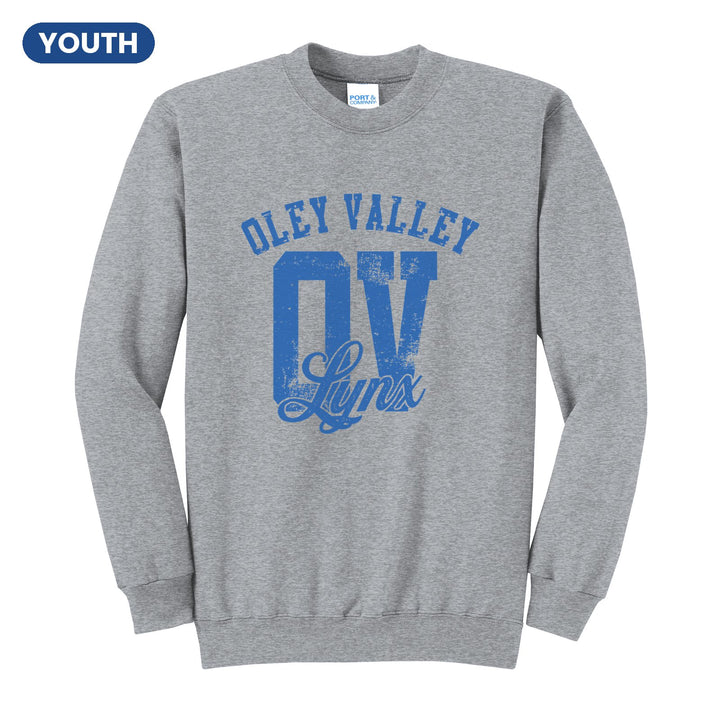 Oley Valley Lynx OV Monogram youth crewneck sweatshirt in Athletic Heather: OLEY VALLEY arched over a distressed OV monogram with Lynx script