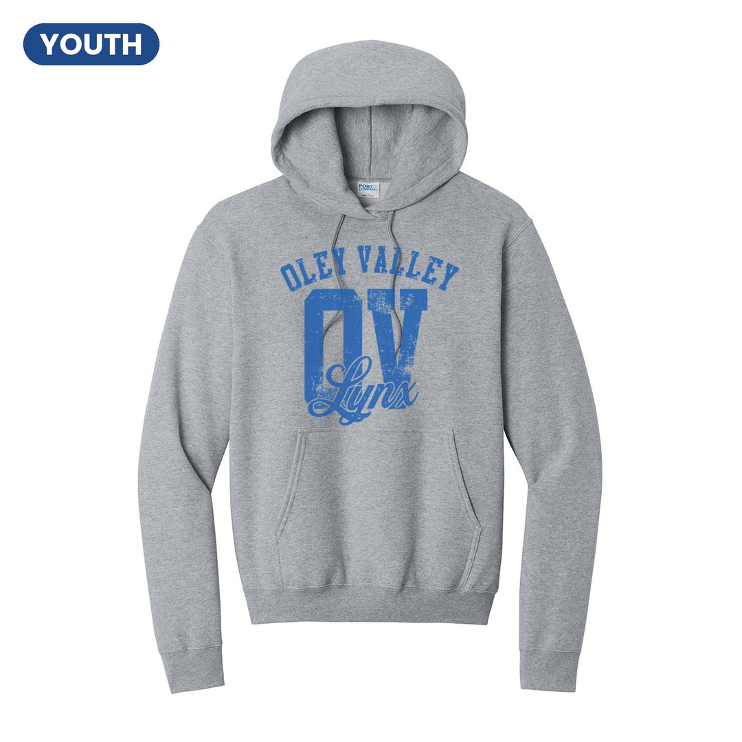 Oley Valley Lynx OV Monogram youth hoodie in Athletic Heather: OLEY VALLEY arched over a distressed OV monogram with Lynx script