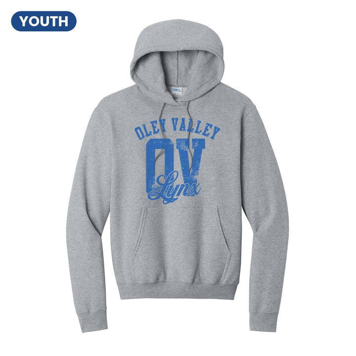 Oley Valley Lynx OV Monogram youth hoodie in Athletic Heather: OLEY VALLEY arched over a distressed OV monogram with Lynx script