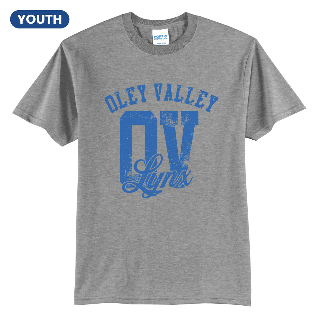 Oley Valley Lynx OV Monogram youth t-shirt in Athletic Heather: OLEY VALLEY arched over a distressed OV monogram with Lynx script