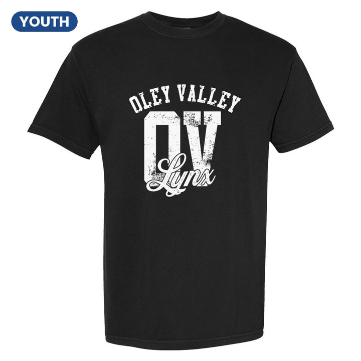Oley Valley Lynx OV Monogram youth comfort colors t-shirt in Black: OLEY VALLEY arched over a distressed OV monogram with Lynx script