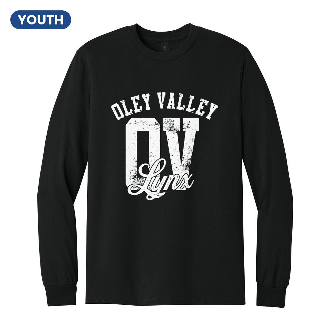 Oley Valley Lynx OV Monogram youth long sleeve t-shirt in Black: OLEY VALLEY arched over a distressed OV monogram with Lynx script