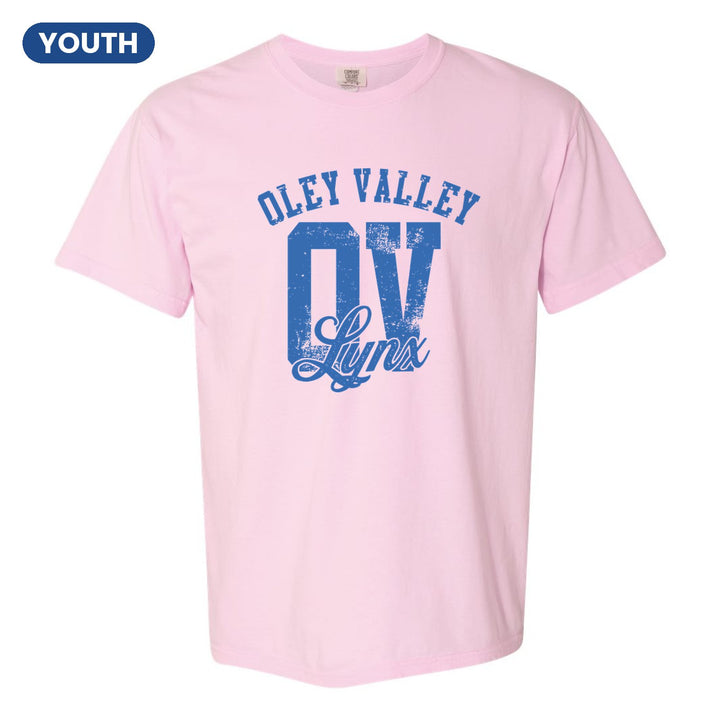 Oley Valley Lynx OV Monogram youth comfort colors t-shirt in Blossom: OLEY VALLEY arched over a distressed OV monogram with Lynx script