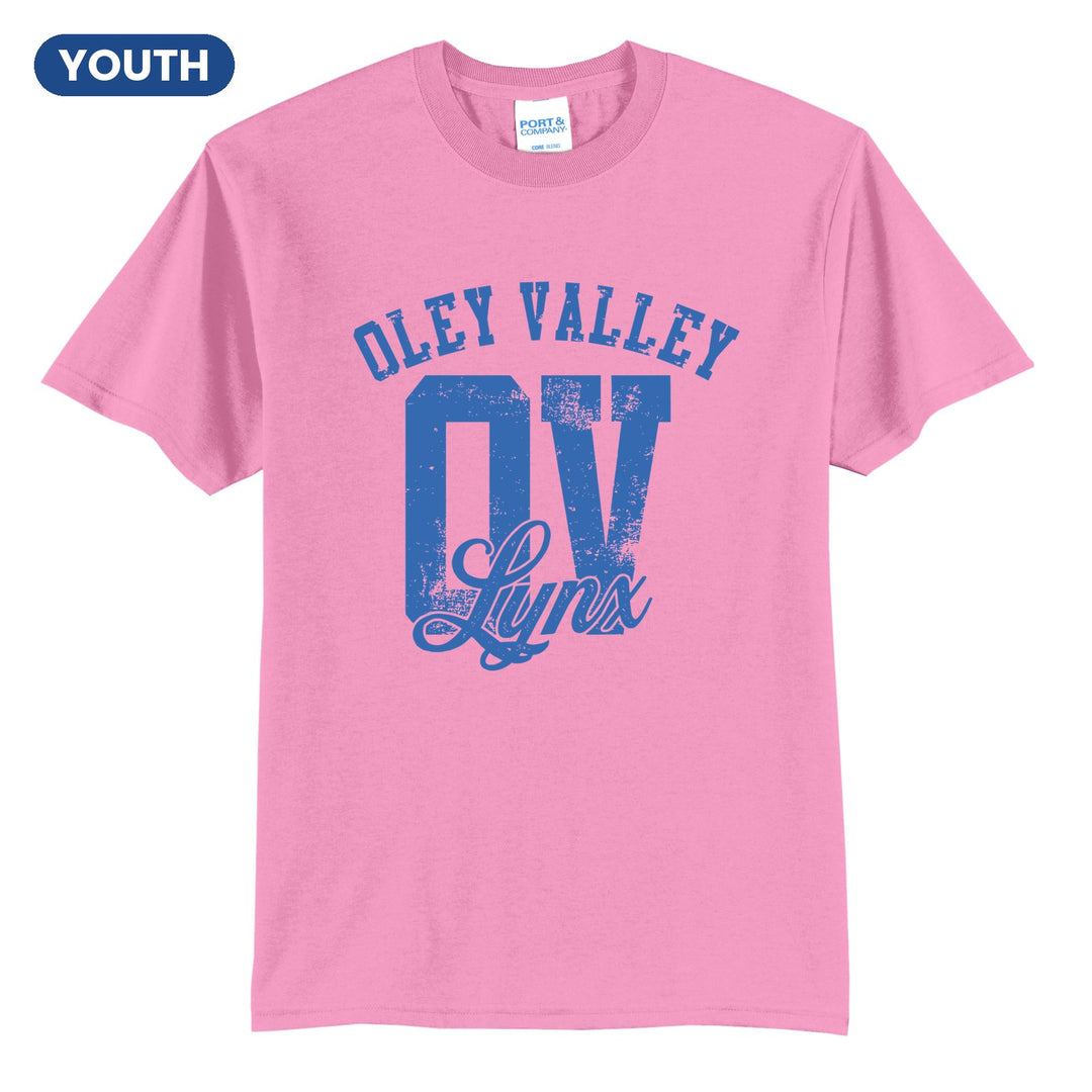 Oley Valley Lynx OV Monogram youth t-shirt in Candy Pink: OLEY VALLEY arched over a distressed OV monogram with Lynx script