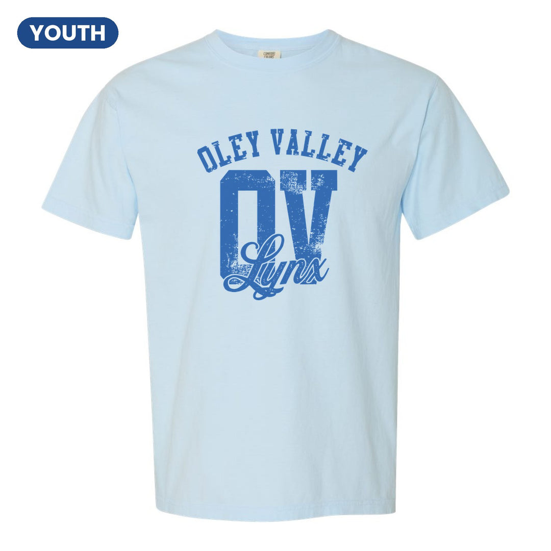 Oley Valley Lynx OV Monogram youth comfort colors t-shirt in Chambray: OLEY VALLEY arched over a distressed OV monogram with Lynx script