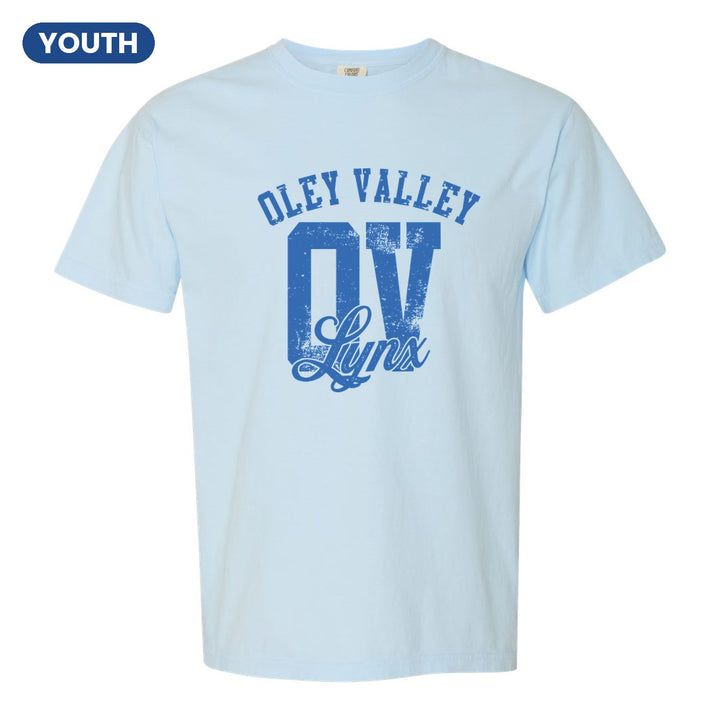 Oley Valley Lynx OV Monogram youth comfort colors t-shirt in Chambray: OLEY VALLEY arched over a distressed OV monogram with Lynx script